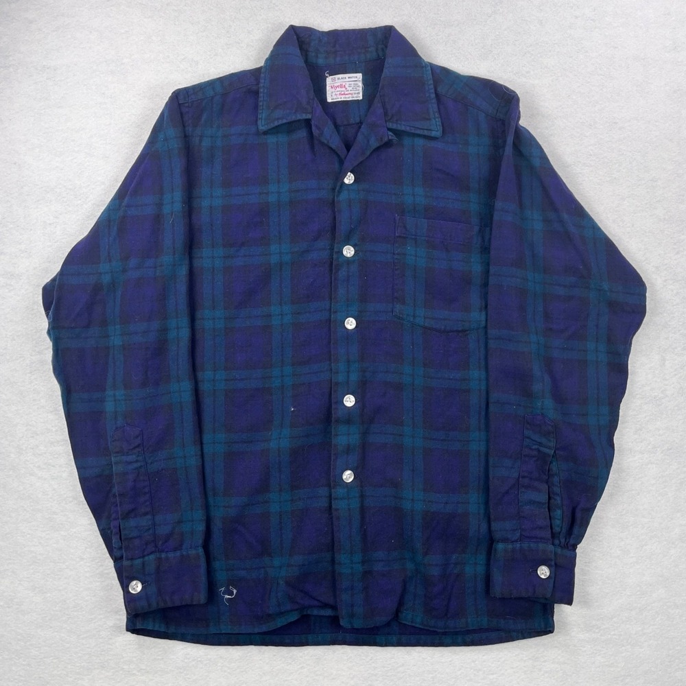 Vintage 60s Viyella Black Watch Green Windowpane Plaid Wool Cotton Flannel Shirt